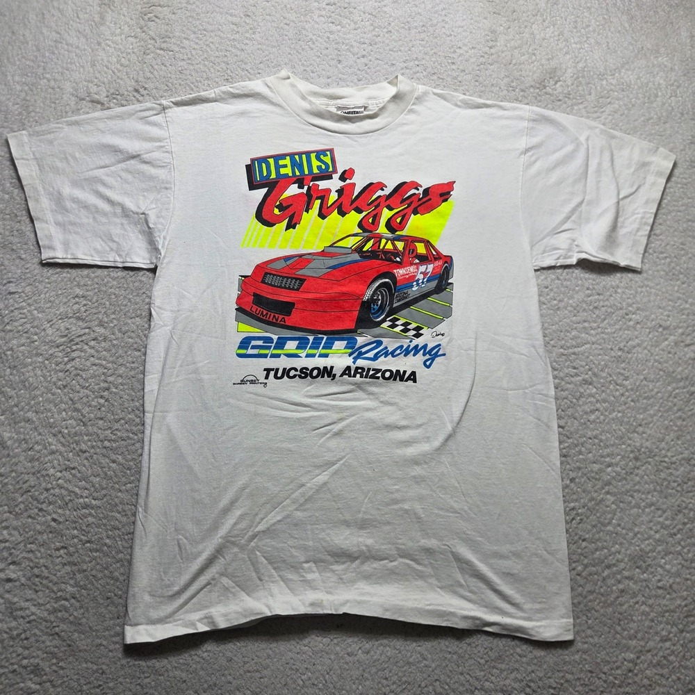 Vintage 90s Oneita Denis Griggs Racing T Shirt Mens XL White Graphic Car